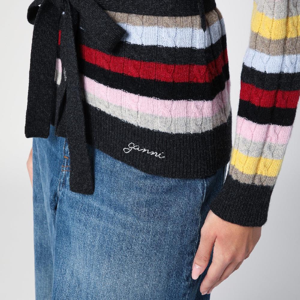 Ganni Cardigan a righe multicolore con cintura Sconto