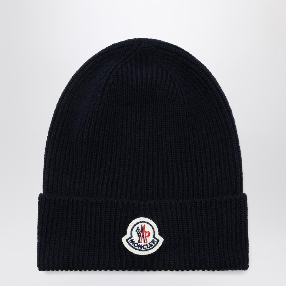 Moncler Cuffia blu in lana con patch logo Presa