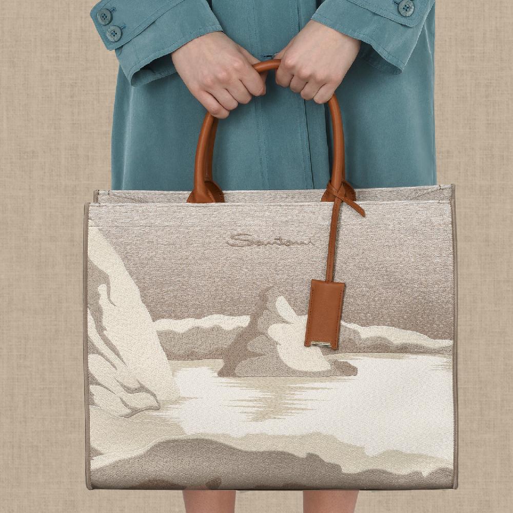 Santoni Shopping bag in tessuto beige Moda