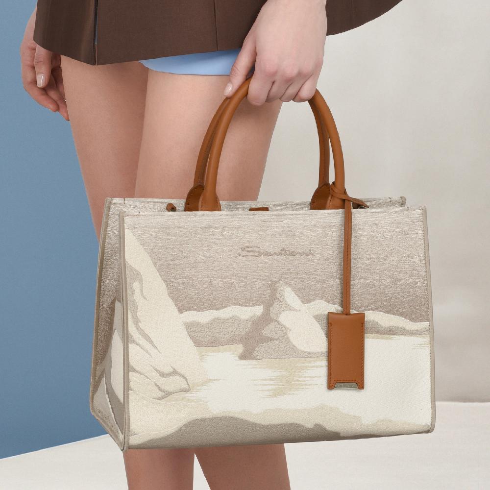 Santoni Borsa tote media in tessuto beige 2025