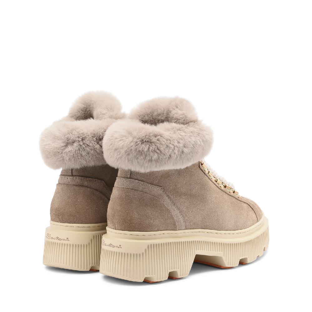 Santoni Scarponcino da montagna con pelliccia da donna in suede tortora 2025