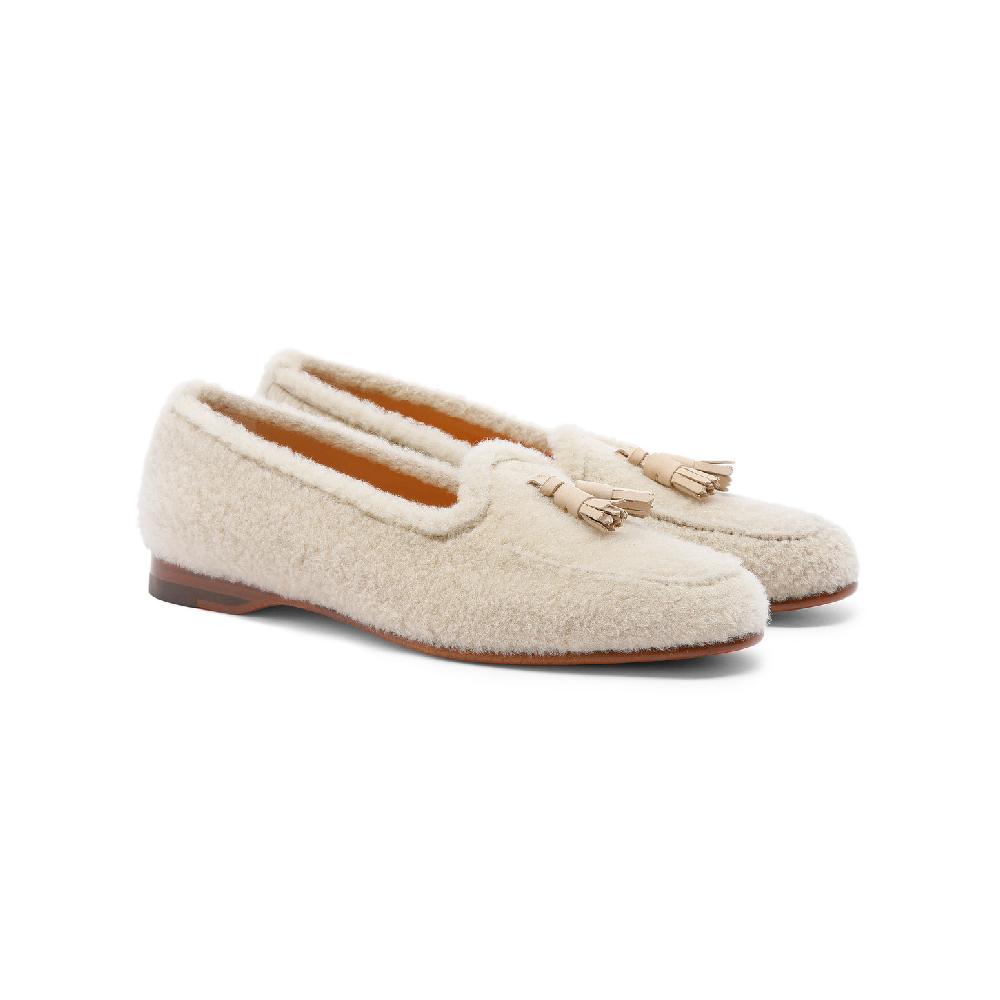 Santoni Mocassino Andrea con nappe da donna in pelliccia beige Spedizione Gratuita