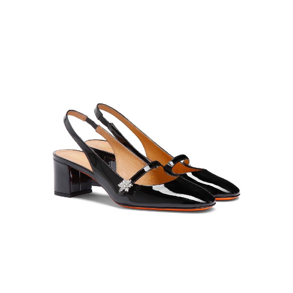 Santoni Slingback tacco basso da donna in vernice nera Nuovo