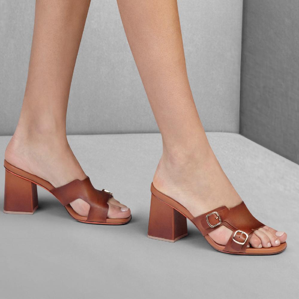 Santoni Sandalo doppia fibbia tacco medio da donna in pelle marrone Spedizione Gratuita