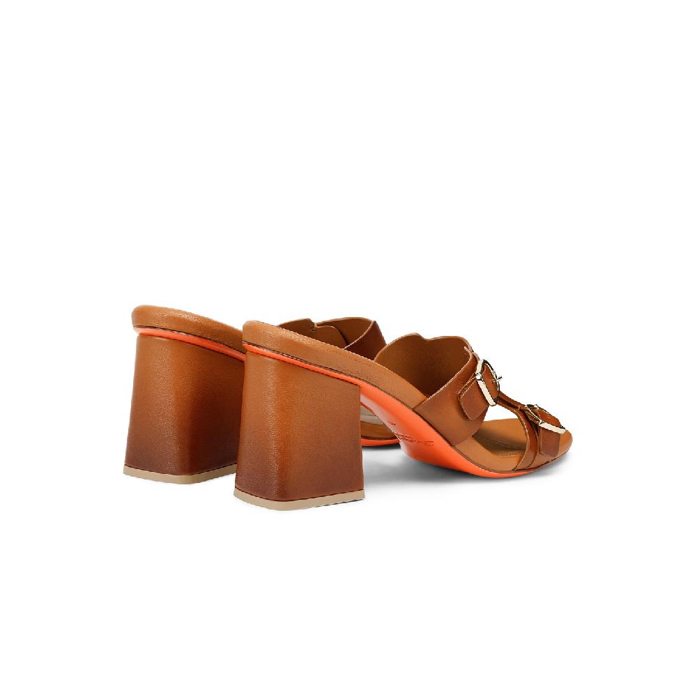 Santoni Sandalo doppia fibbia tacco medio da donna in pelle marrone Spedizione Gratuita