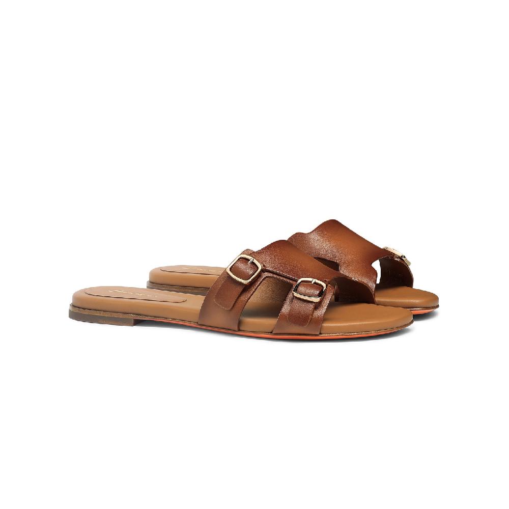 Santoni Sandalo slide Didi con doppia fibbia da donna in pelle marrone Qualità Garantita