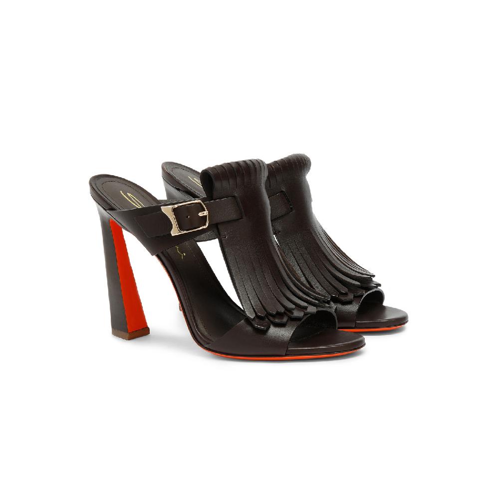 Santoni Sandalo Dua tacco alto con frangia da donna in pelle marrone Shopping Online