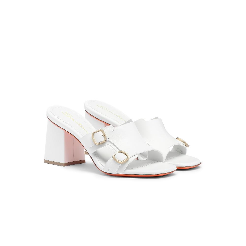 Santoni Sandalo doppia fibbia tacco medio da donna in pelle bianca Saldi