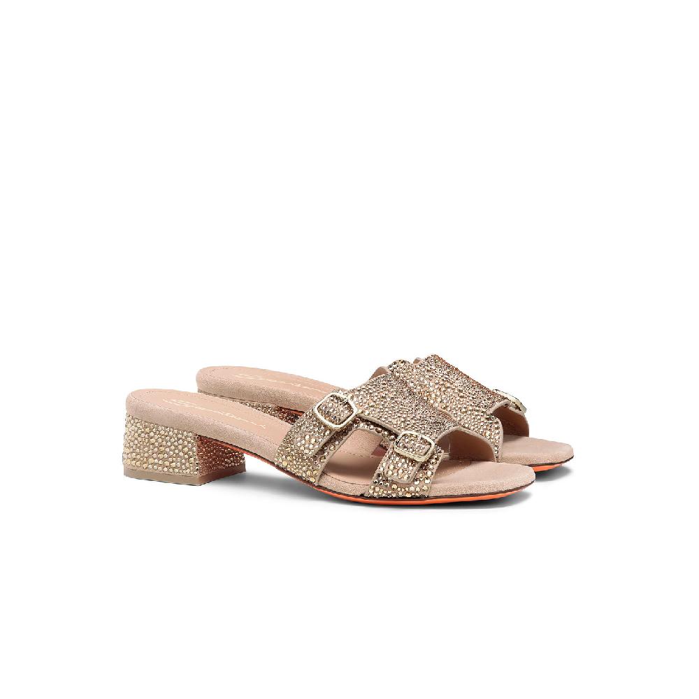 Santoni Sandalo Didi tacco basso da donna in suede e strass oro Nuova