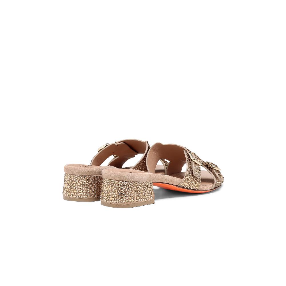 Santoni Sandalo Didi tacco basso da donna in suede e strass oro Nuova