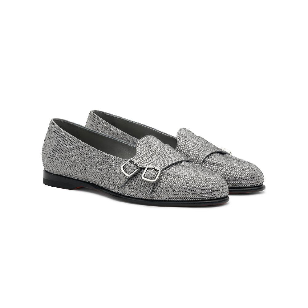 Santoni Mocassino Andrea doppia fibbia da donna in strass argento Spedizione Gratuita