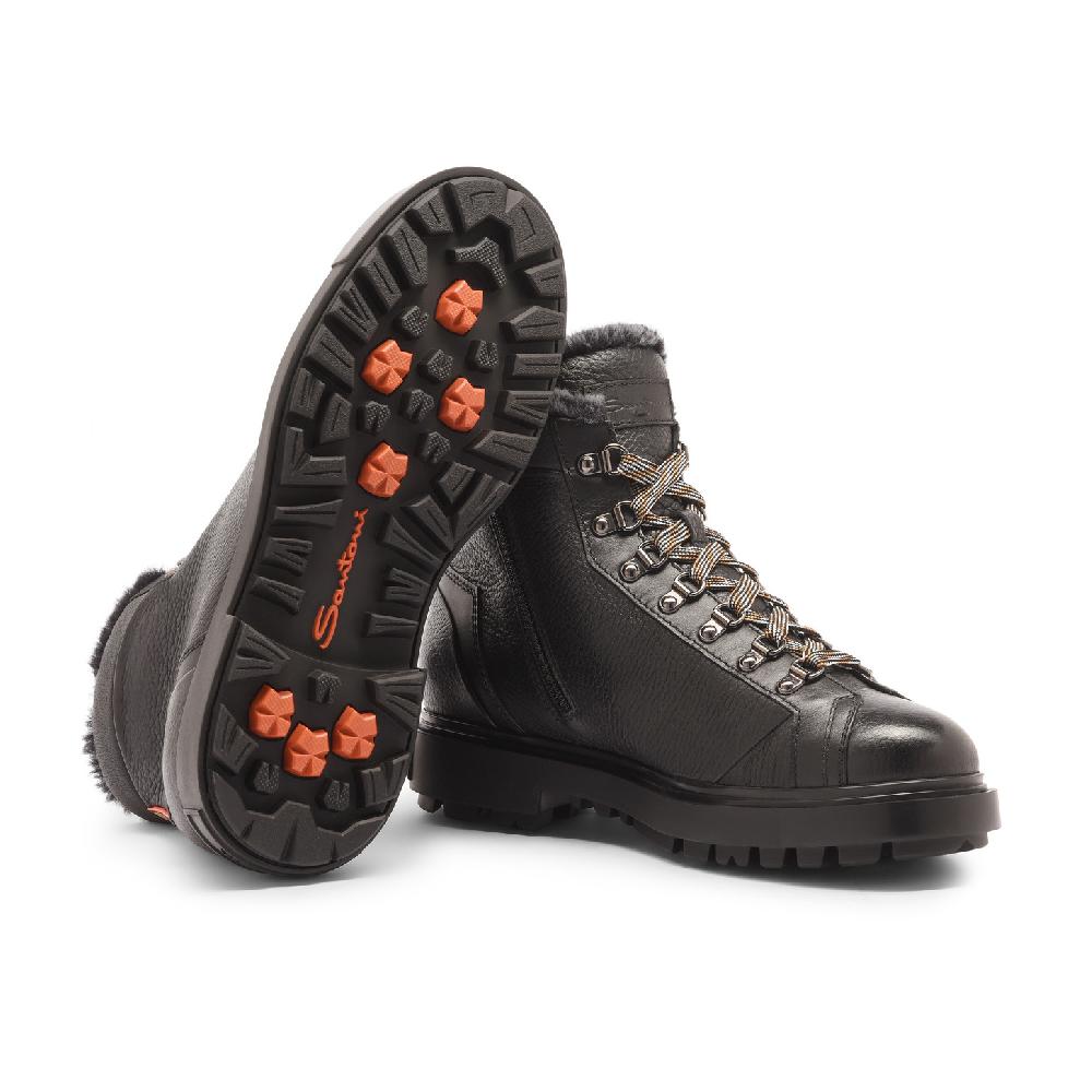 Santoni Scarponcino da montagna da uomo in pelle bottalata nera con pelliccia Spedizione Gratuita