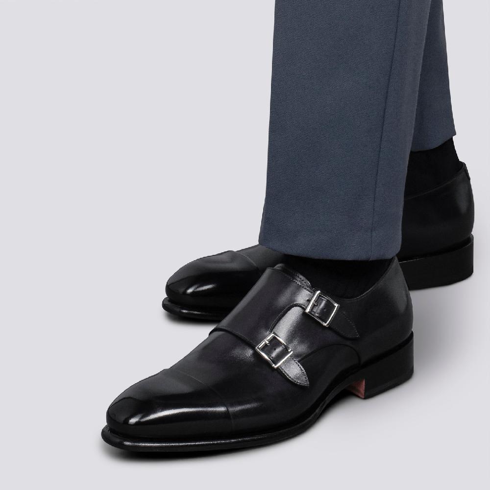 Santoni Doppia fibbia da uomo in pelle anticata blu Saldi Di Fabbrica