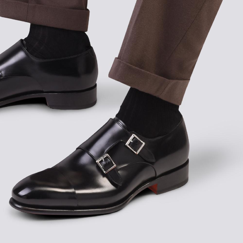 Santoni Doppia fibbia da uomo in pelle anticata nera I Più Venduti