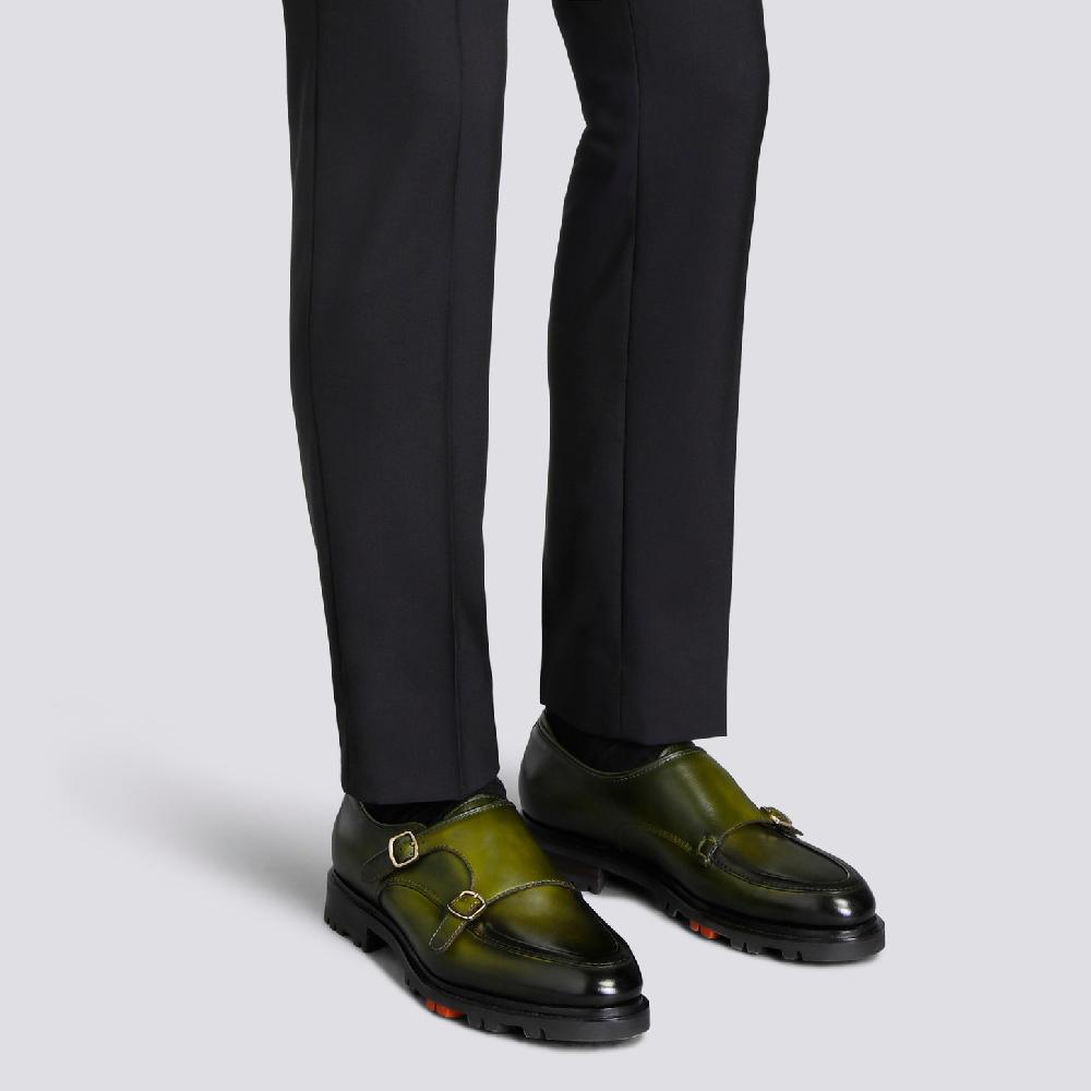 Santoni Doppia fibbia da uomo in pelle verde Negozio