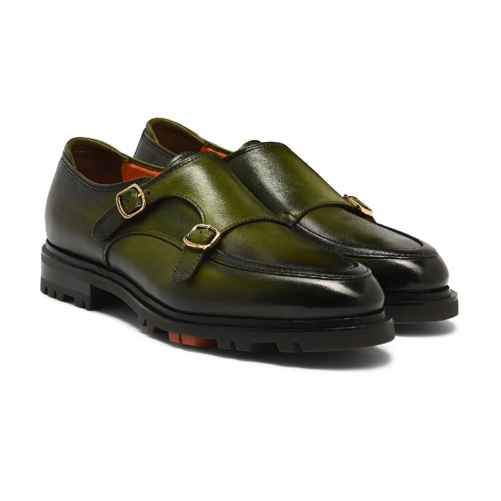 Santoni Doppia fibbia da uomo in pelle verde Negozio