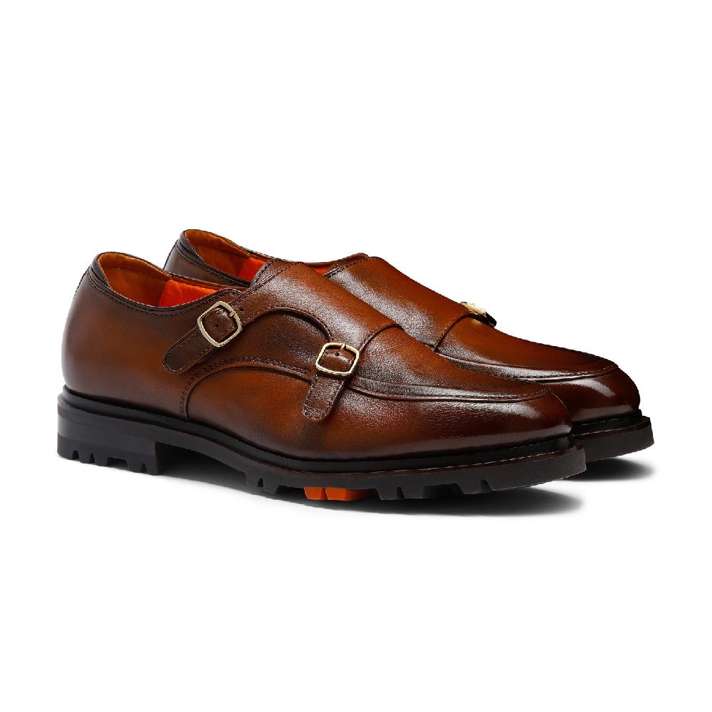 Santoni Doppia fibbia da uomo in pelle marrone In Saldo