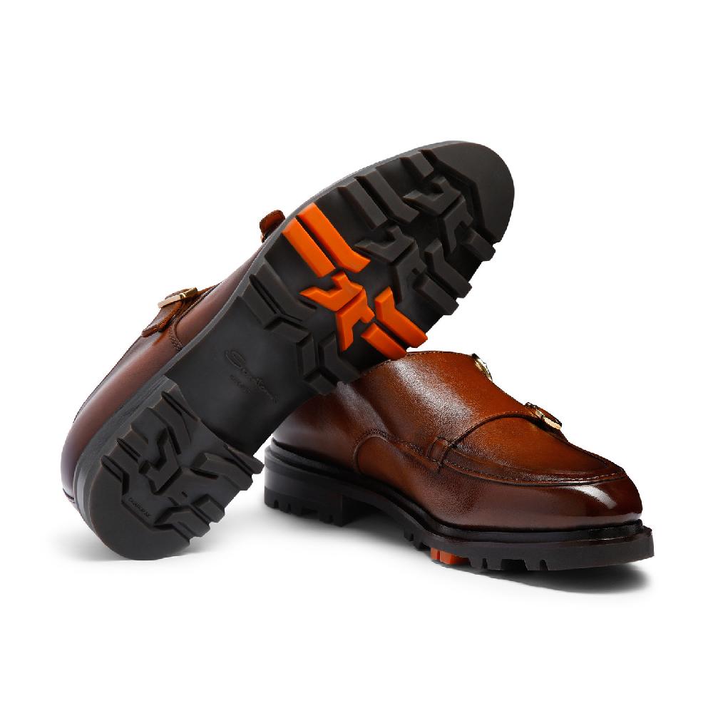 Santoni Doppia fibbia da uomo in pelle marrone In Saldo