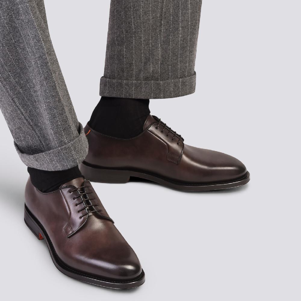 Santoni Stringata derby da uomo in pelle anticata marrone In Saldo