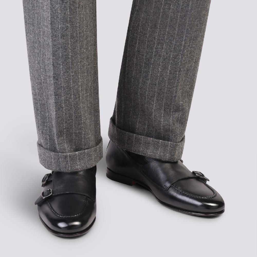 Santoni Mocassino con doppia fibbia da uomo in pelle anticata nera Sottocosto