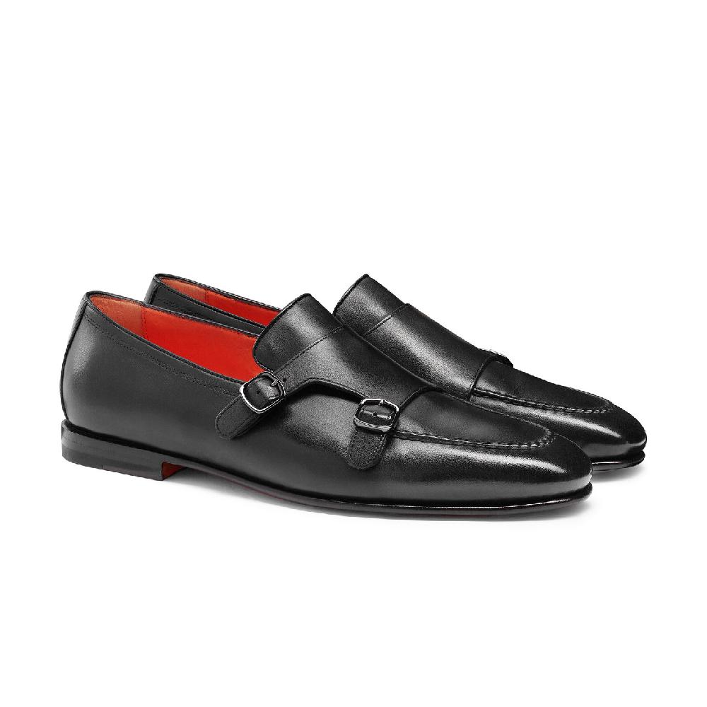 Santoni Mocassino con doppia fibbia da uomo in pelle anticata nera Sottocosto