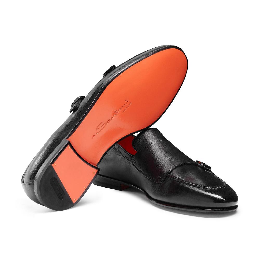 Santoni Mocassino con doppia fibbia da uomo in pelle anticata nera Sottocosto