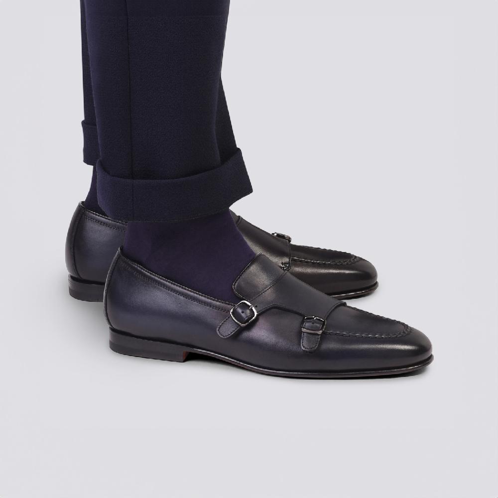Santoni Mocassino con doppia fibbia da uomo in pelle anticata blu Convenienza