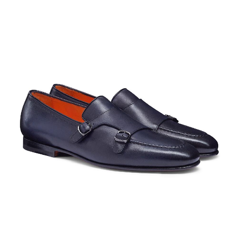 Santoni Mocassino con doppia fibbia da uomo in pelle anticata blu Convenienza