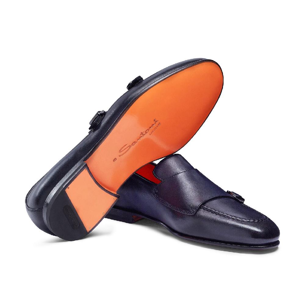 Santoni Mocassino con doppia fibbia da uomo in pelle anticata blu Convenienza