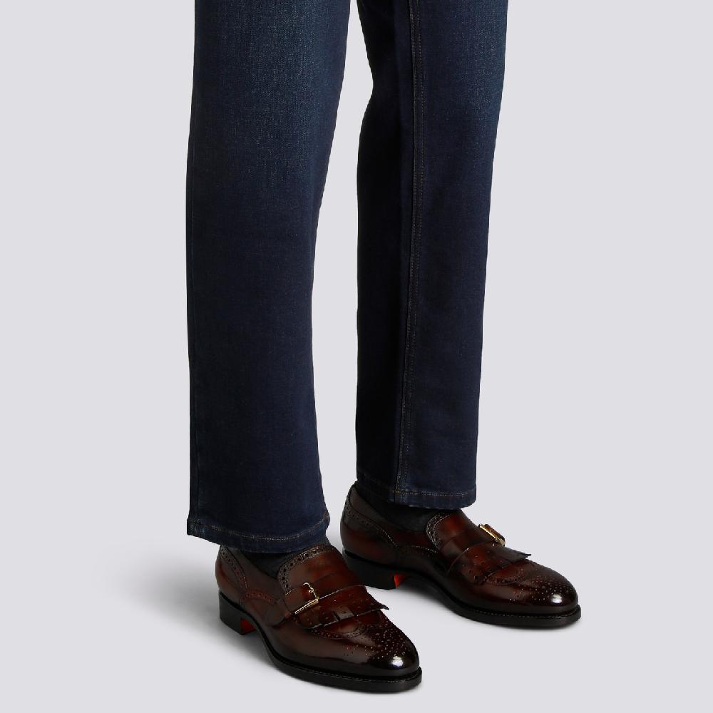Santoni Mocassino mono-fibbia con frangia da uomo in pelle bordeaux Vendita Calda