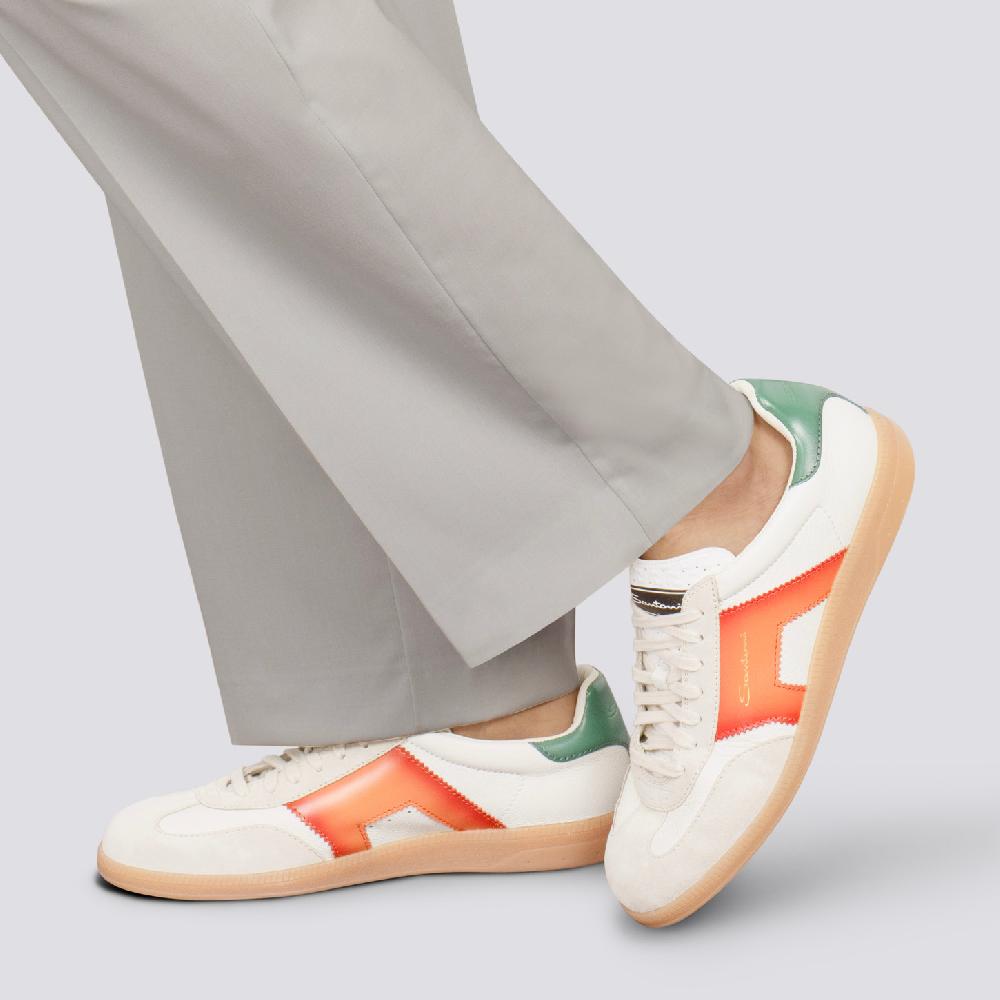 Santoni DBS Oly sneaker da uomo in pelle e suede bianco verde e arancione In Saldo