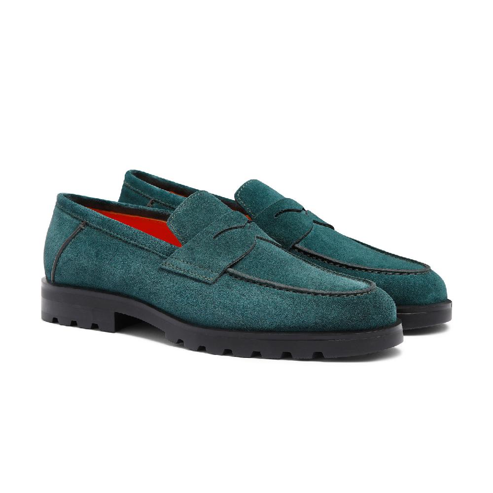 Santoni Mocassino penny da uomo in suede verde scuro Nuova