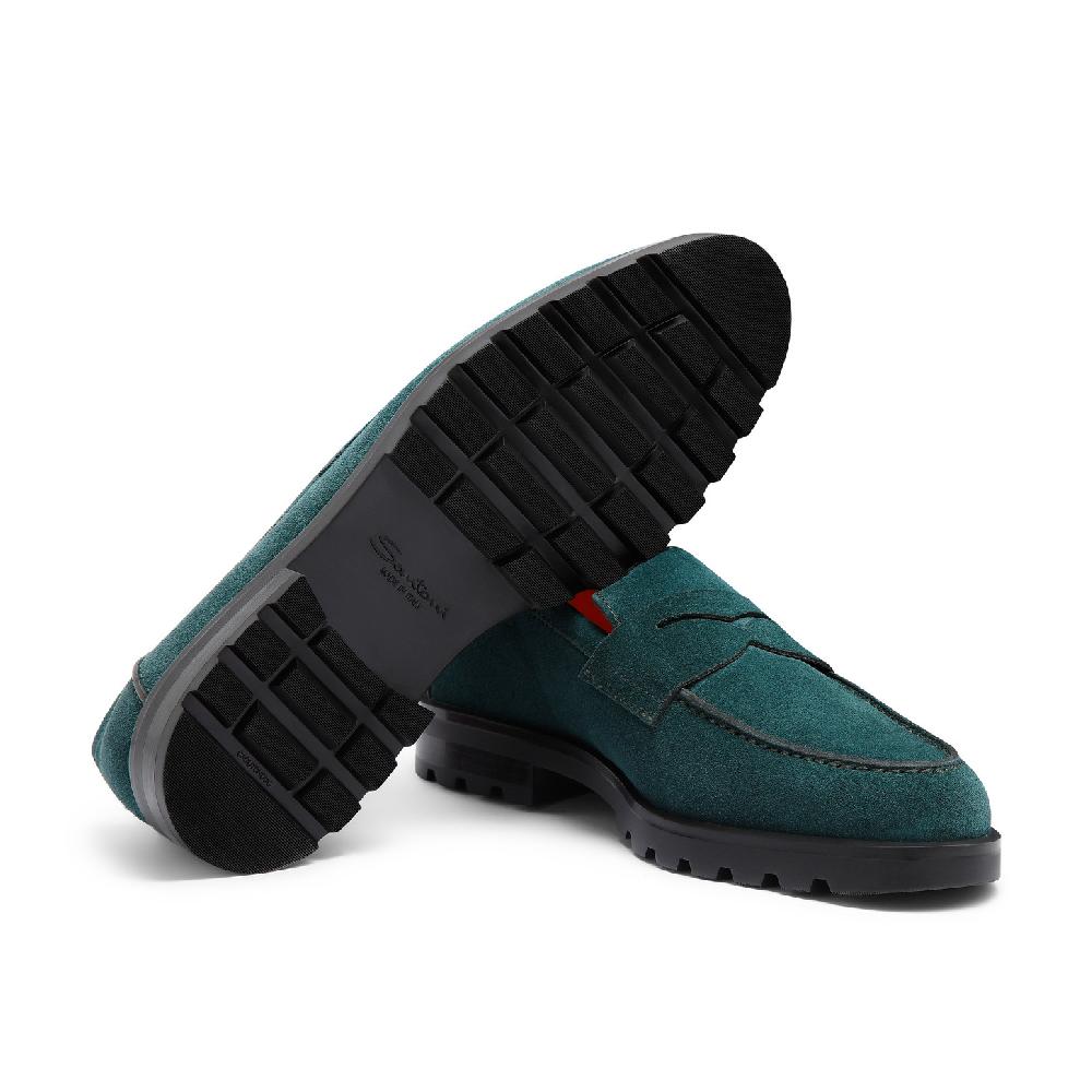 Santoni Mocassino penny da uomo in suede verde scuro Nuova