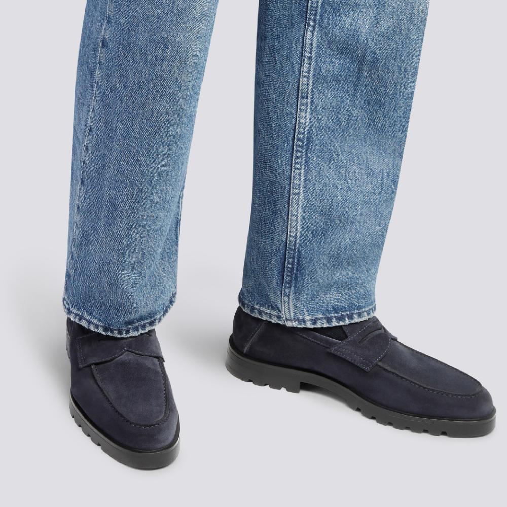 Santoni Mocassino penny da uomo in suede blu Moda