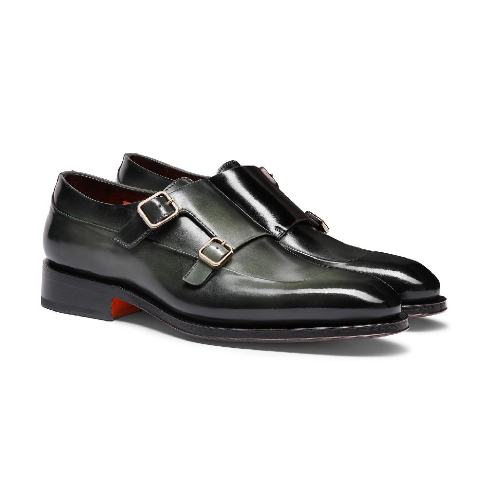 Santoni Doppia fibbia da uomo in pelle verde In Linea