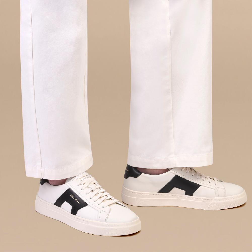 Santoni Double buckle sneaker da uomo in pelle bianca e nera Qualità