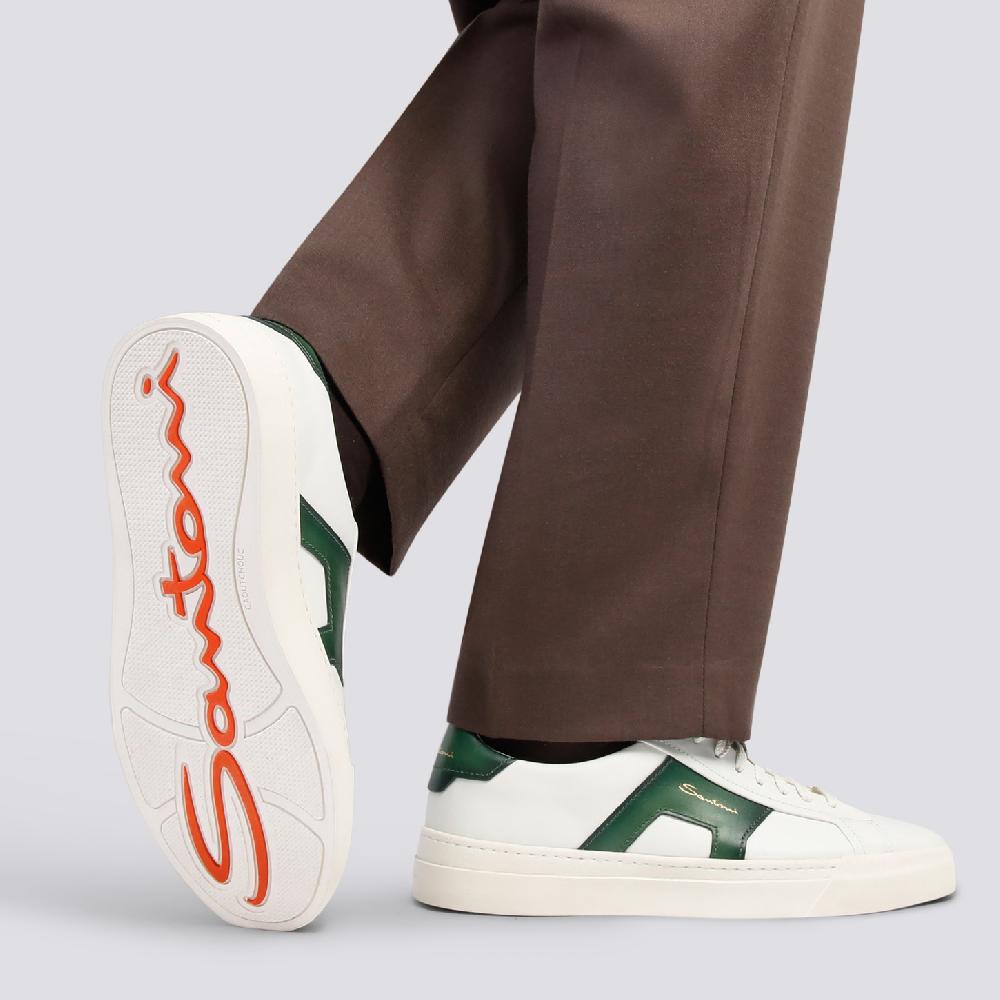 Santoni Double buckle sneaker da uomo in pelle bianca e verde Vendita