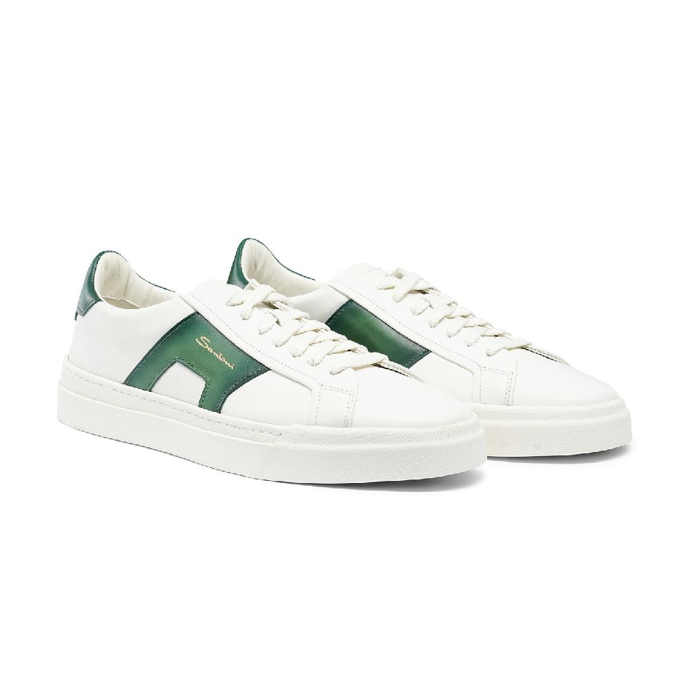 Santoni Double buckle sneaker da uomo in pelle bianca e verde Vendita