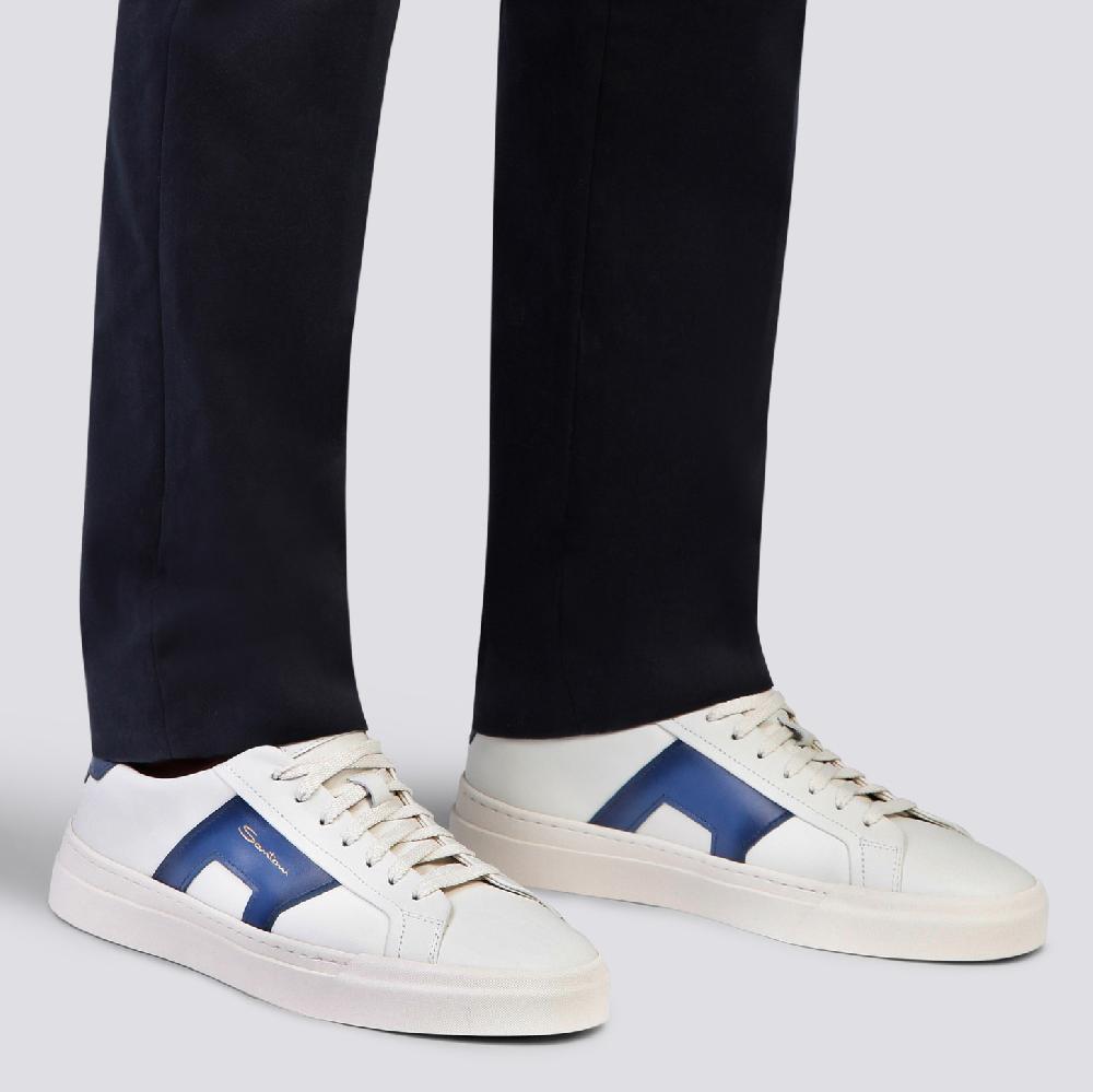 Santoni Double buckle sneaker da uomo in pelle bianca e blu Promozione