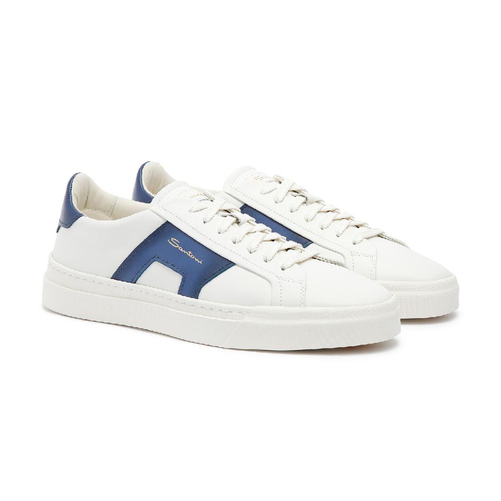 Santoni Double buckle sneaker da uomo in pelle bianca e blu Promozione