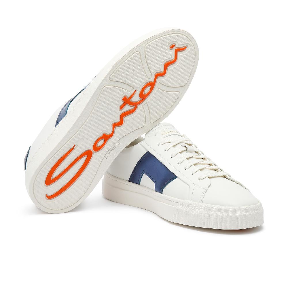Santoni Double buckle sneaker da uomo in pelle bianca e blu Promozione