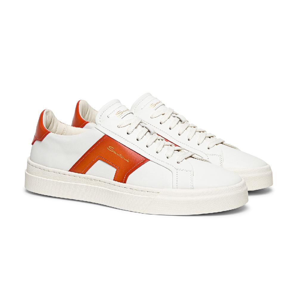 Santoni Double buckle sneaker da uomo in pelle bianca e arancione Spedizione Gratuita