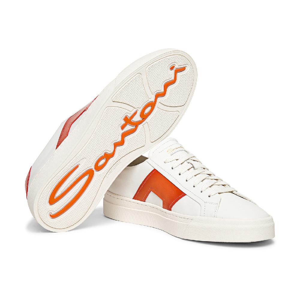 Santoni Double buckle sneaker da uomo in pelle bianca e arancione Spedizione Gratuita