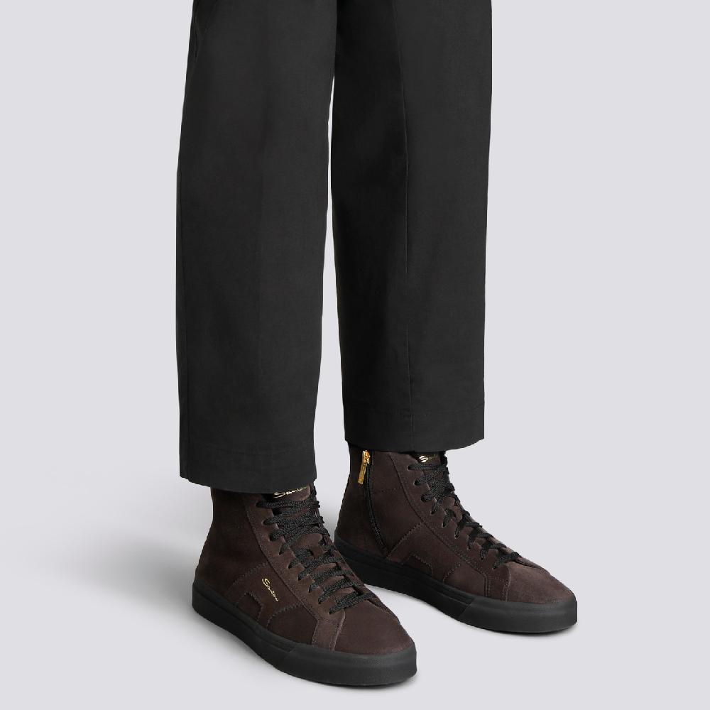 Santoni Double buckle sneaker alta con pelliccia da uomo in suede grigio In Vendita