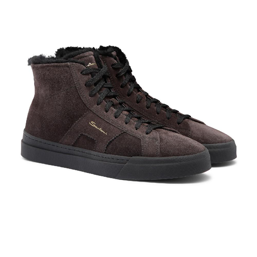 Santoni Double buckle sneaker alta con pelliccia da uomo in suede grigio In Vendita