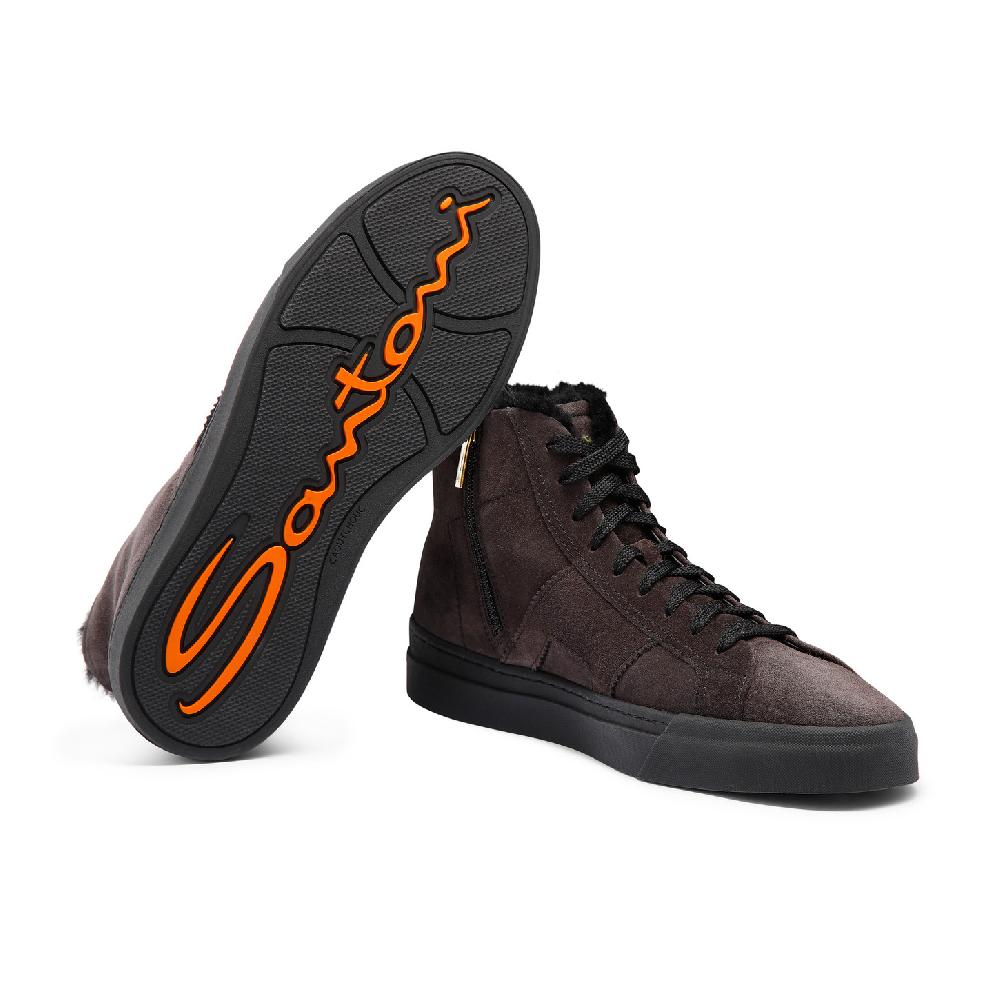 Santoni Double buckle sneaker alta con pelliccia da uomo in suede grigio In Vendita