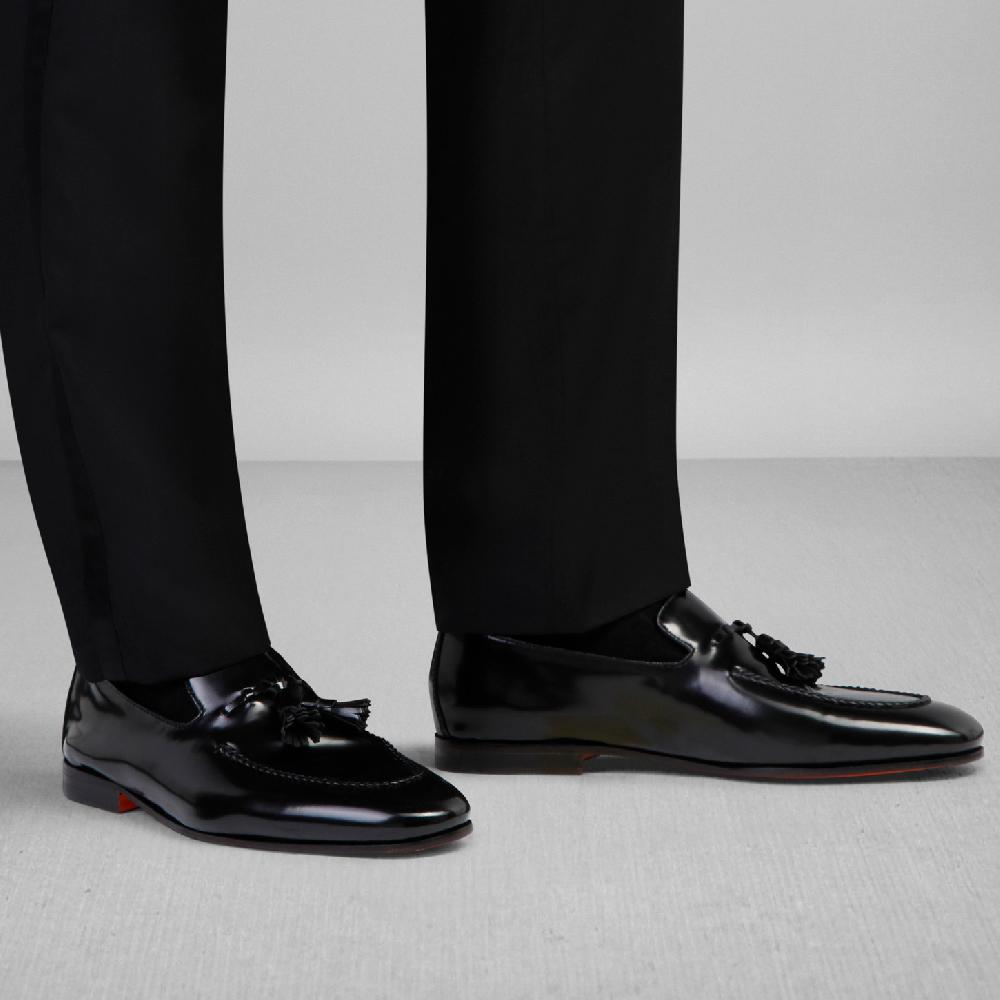 Santoni Mocassino con nappe da uomo in pelle nero Vendita Calda