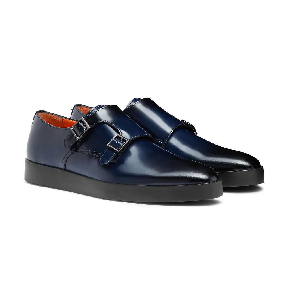 Santoni Doppia fibbia da uomo in pelle lucida blu Vendite Flash