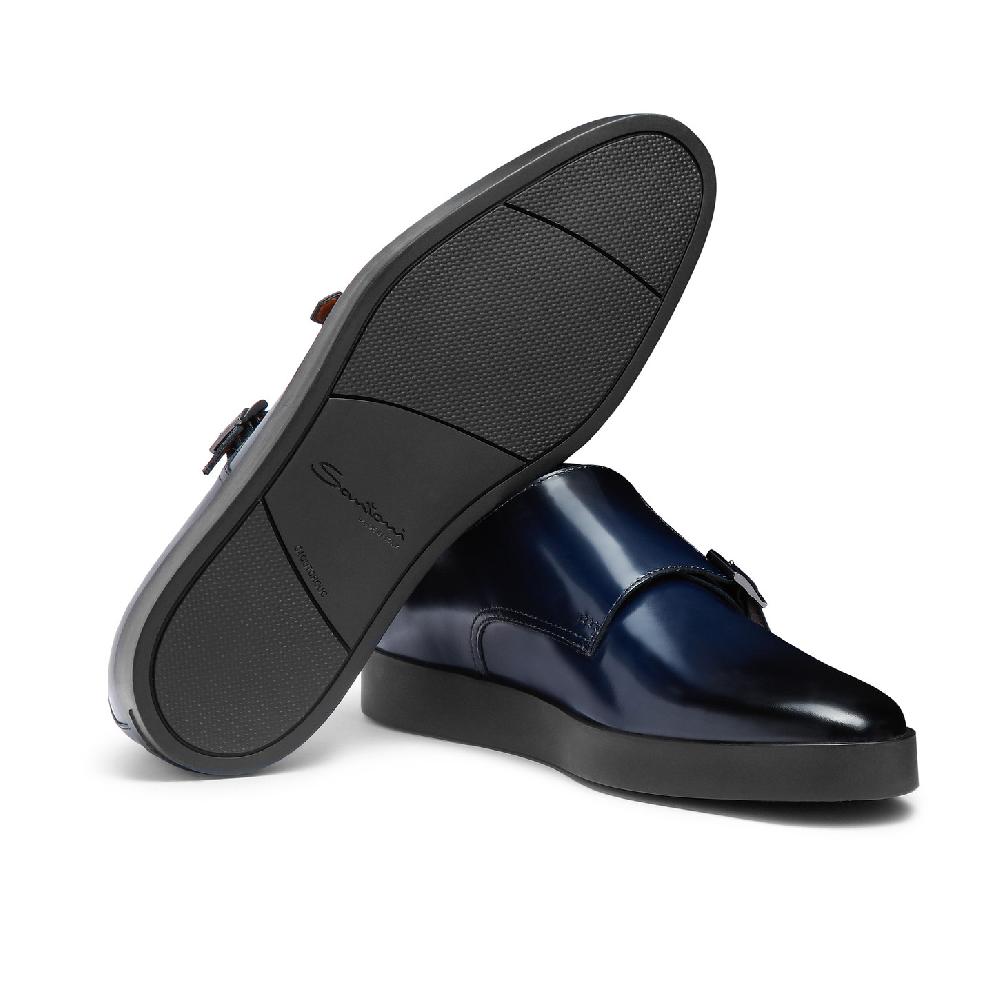 Santoni Doppia fibbia da uomo in pelle lucida blu Vendite Flash