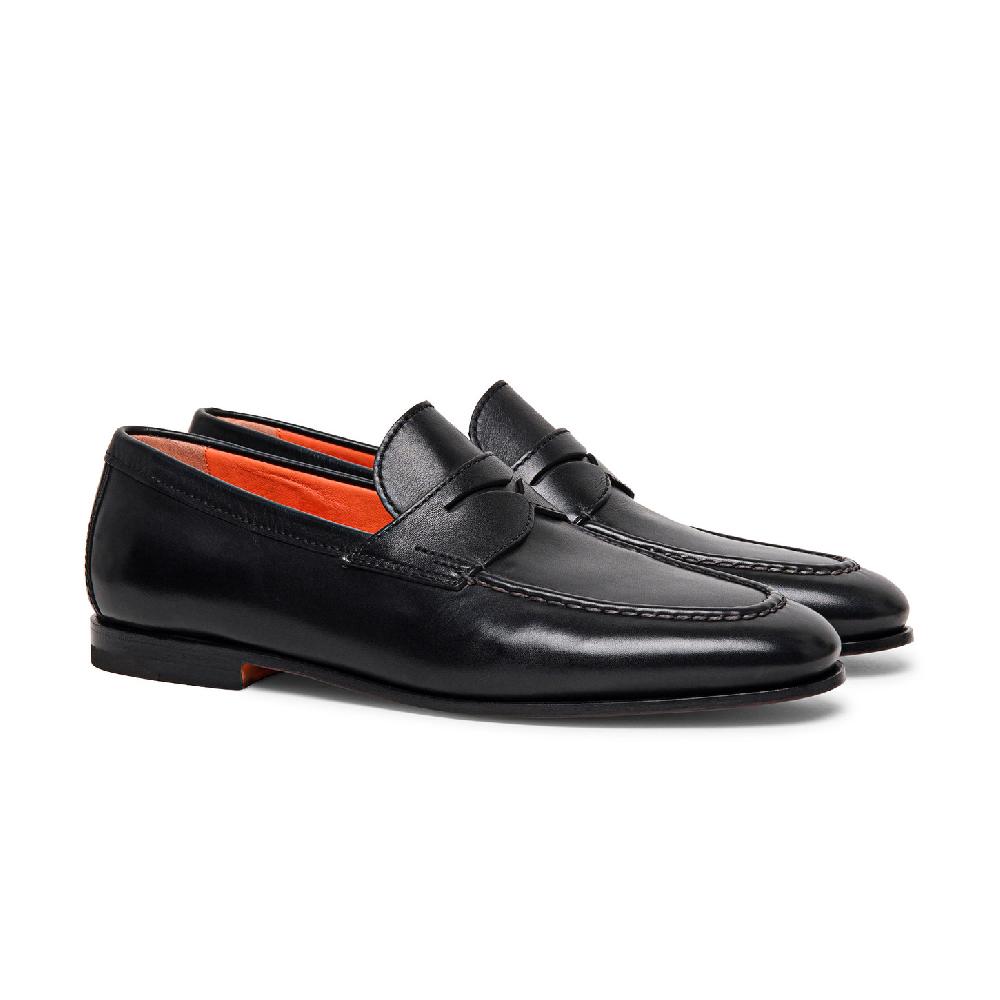 Santoni Mocassino penny da uomo in pelle nera In Linea
